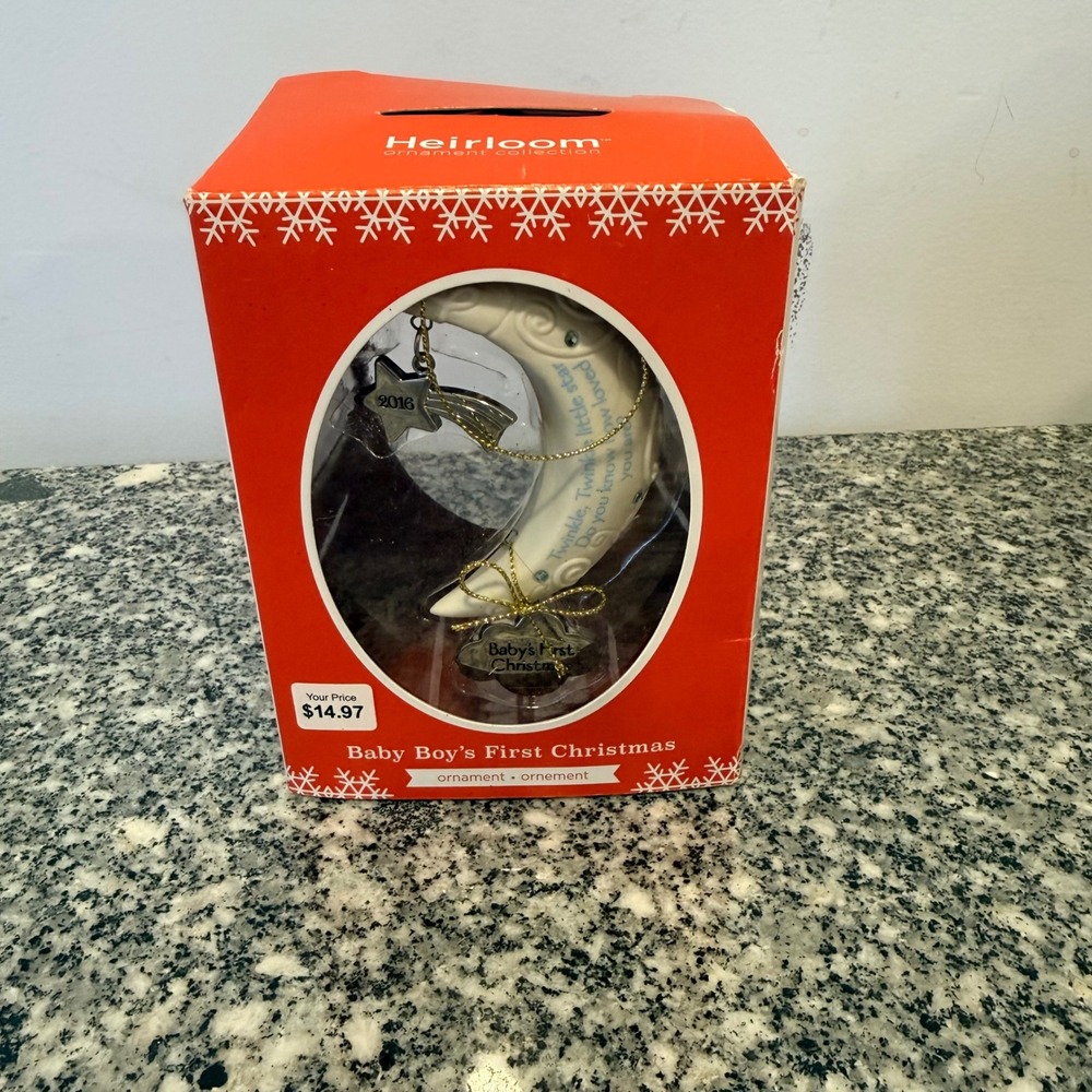 Heirloom Baby Boy's First Christmas Ornament 2016 Moon White Ceramic